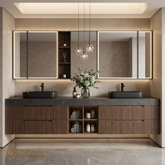 60''-96'' Double Bathroom Vanity with Sink Open Shelving Ribbed Wood Panels Center
