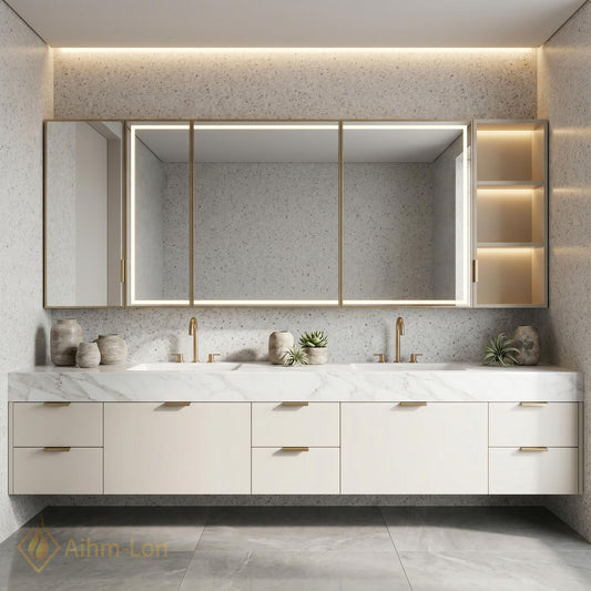 72''-96'' Double Bathroom Vanity with Sink White Gold Floating Marble-Top Hardware