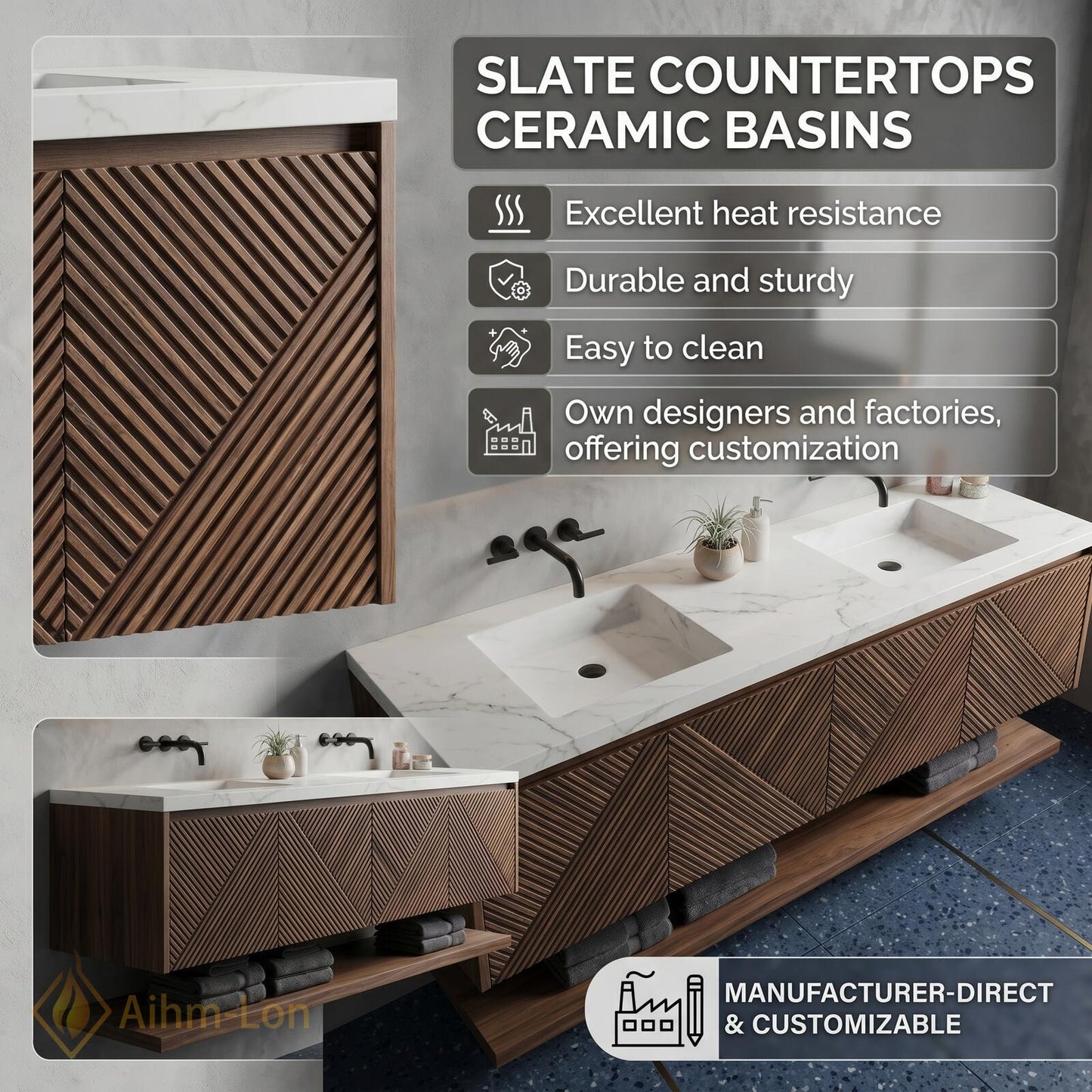 70''-96'' Modern Floating Bathroom Vanity with Sink Slatted Geometric Panels Marble Top