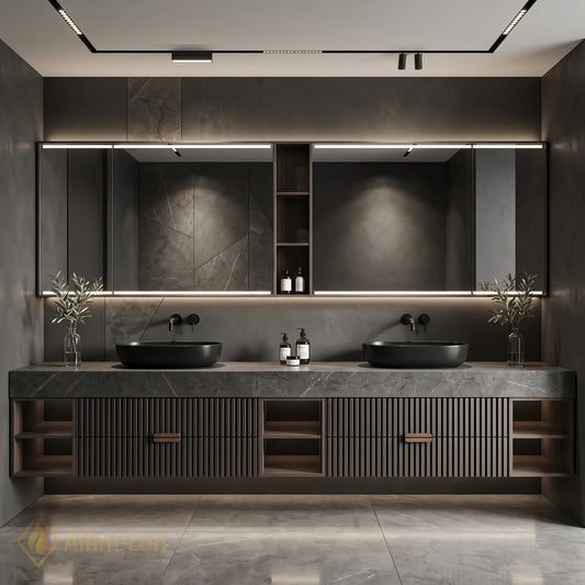 60''-96'' Double Bathroom Vanity with Sink Dark Stone Slatted Front Wide Shelving