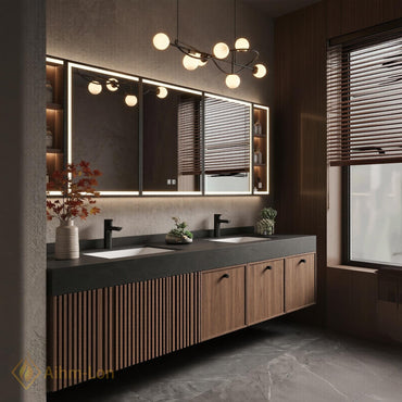 60''-96'' Double Bathroom Vanity with Sink Modern Dark Walnut Slatted Floating Panel