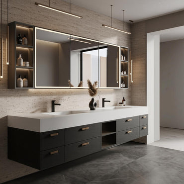 60''-96'' Double Bathroom Vanity with Sink Modern Floating Textured Grey Finish Spacious Mirror