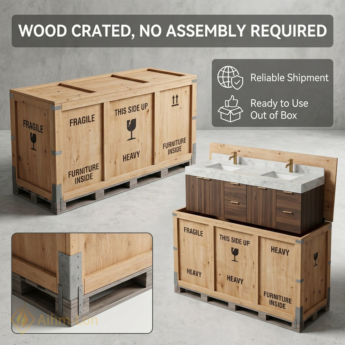 78''-96'' Double Bathroom Vanity with Sink Dark Walnut Finish Slatted Center Storage