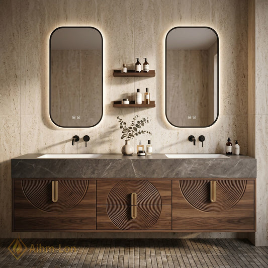 60''-96'' Double Bathroom Vanity with Sink Grey Stone-Top Vanities Carved Circular Wood