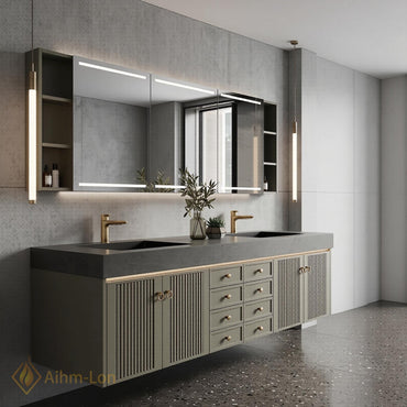 60''-96'' Double Bathroom Vanity with Sink Fluted Panel Doors Olive Green Finish