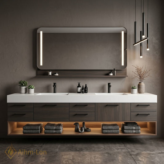 72''-96'' Double Bathroom Vanity with Sink Floating Design Dark Wood Finish Integrated