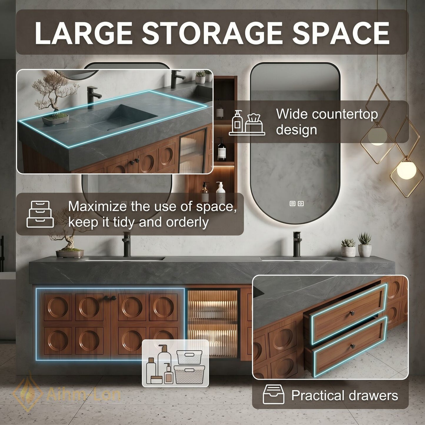 60''-96'' Bathroom Vanity with Sink Grooved Wood Panels Dark Stone Countertop Double