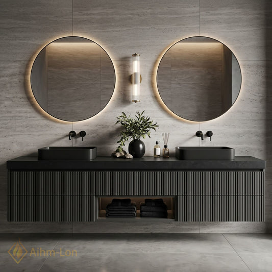 60''-96'' Double Bathroom Vanity with Sink Charcoal Matte Finish Fluted Panels