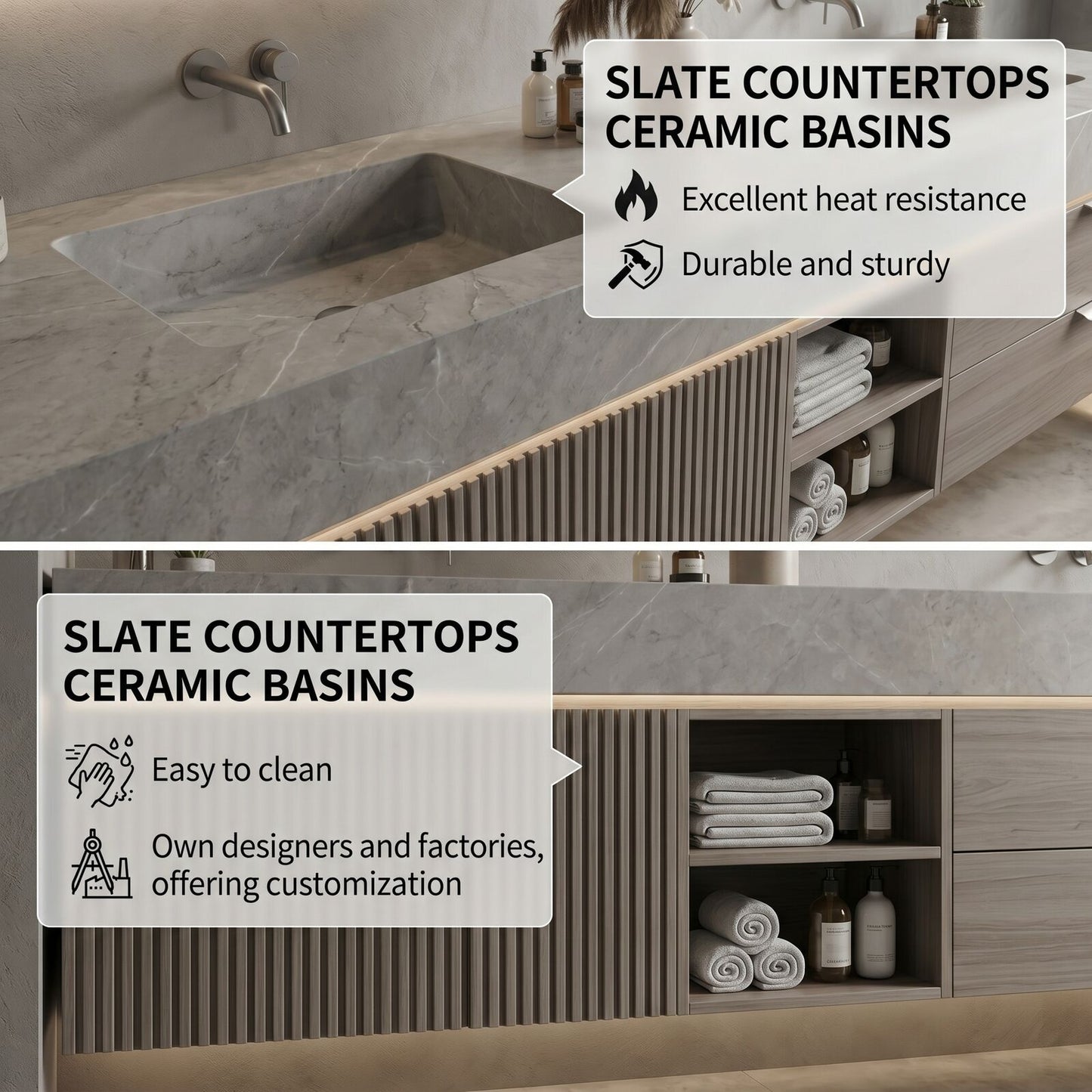 60''-96'' Modern Bathroom Vanity with Sink Textured Slatted Front Wood Grain Cabinet