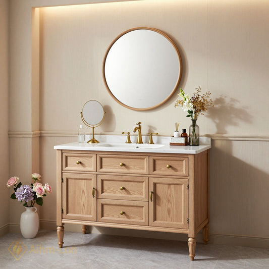 52''-64'' Classic Bathroom Vanity with Sink Oak Wood Turned Leg Open Drawers