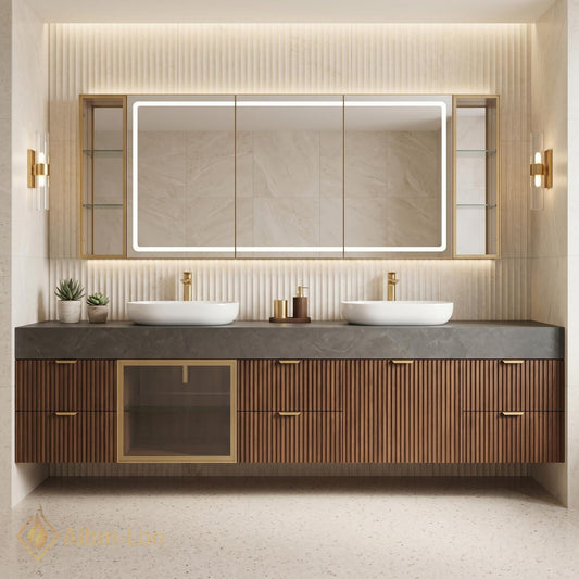 60''-96'' Double Bathroom Vanity with Sink Fluted Wood Doors Grey Stone Top