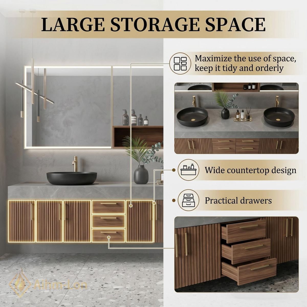 60''-96'' Bathroom Vanity with Sink Modern Floating Dark Slatted Panels Open Center
