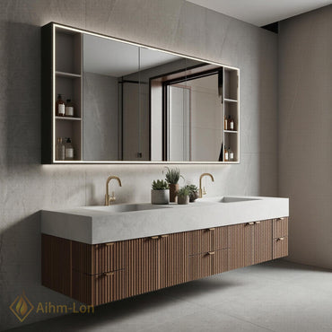 76''-96'' Modern Bathroom Vanity with Sink Floating Slatted Wood White Stone Mirror Cabinet
