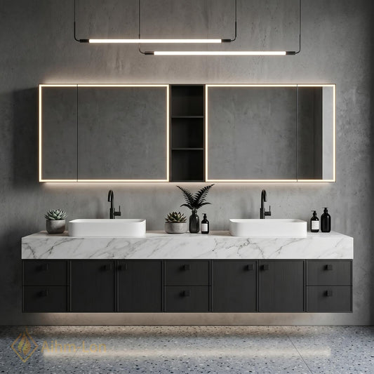 60''-96'' Double Bathroom Vanity with Sink Modern Floating Slatted Panel Dark Walnut
