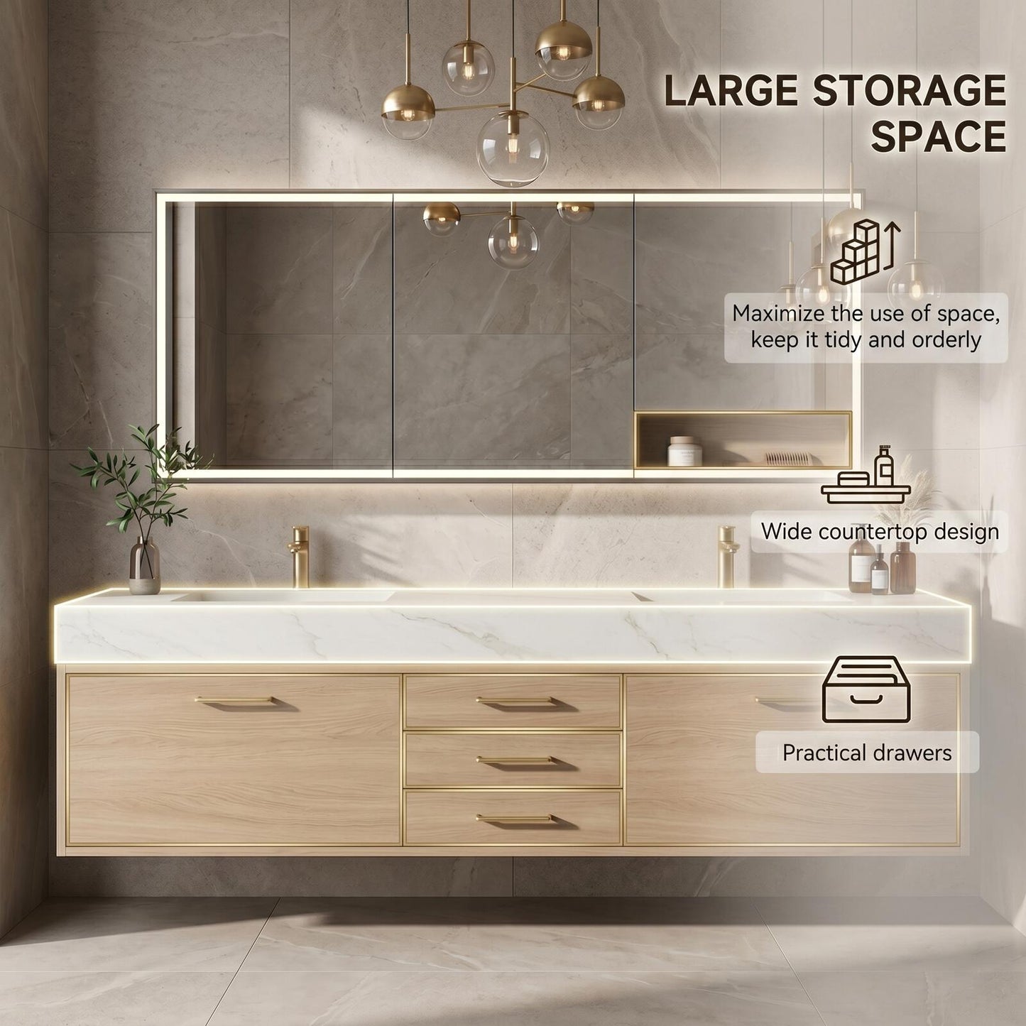 60''-96'' Modern Bathroom Vanity with Sink Double Sink Light Oak Finish Wide Countertop Cabinet