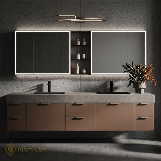 70''-96'' Modern Floating Bathroom Vanity with Sink Open Mirror Matte Taupe Finish