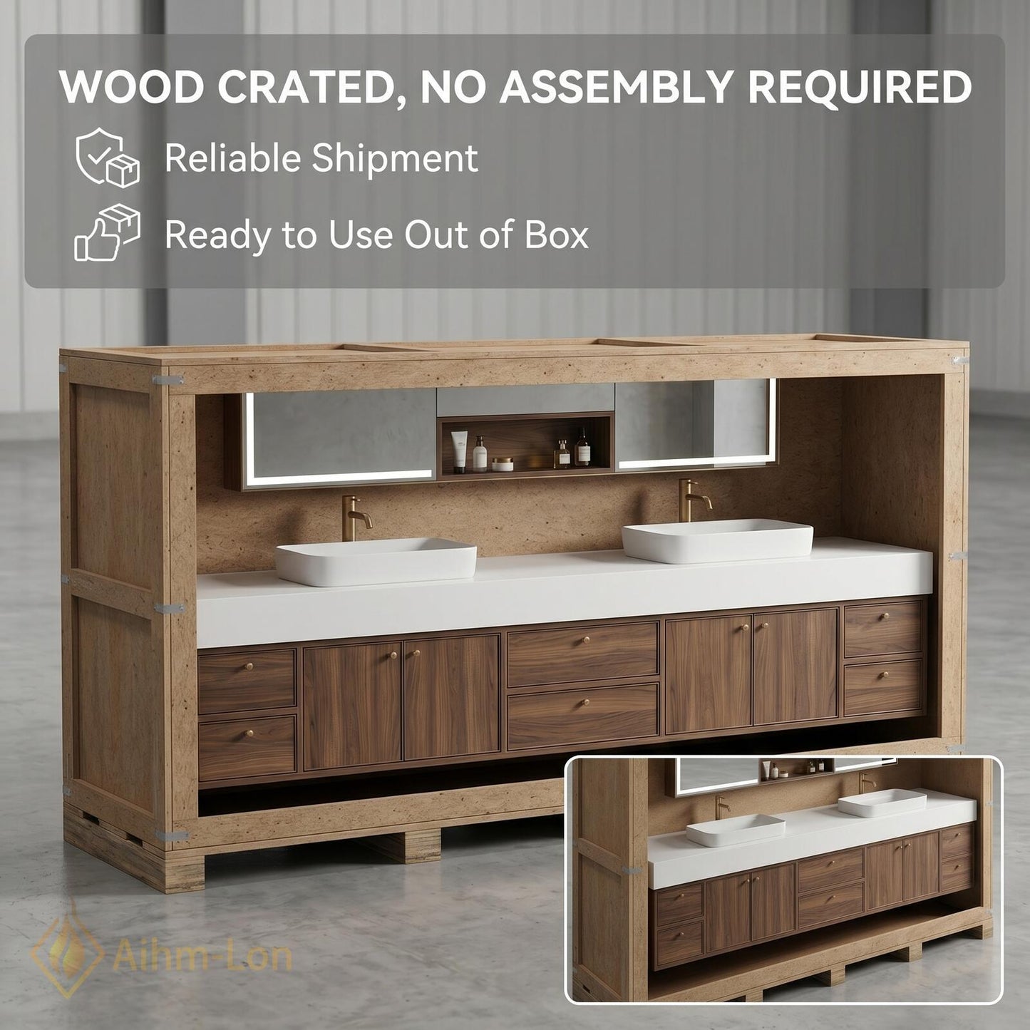 76''-96'' Modern Double Bathroom Vanity with Sink Dark Walnut Slatted Panel Finish