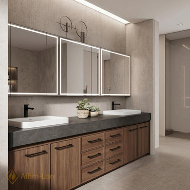 78''-96'' Double Bathroom Vanity with Sink Dark Stone Slab Walnut Finish Drawers