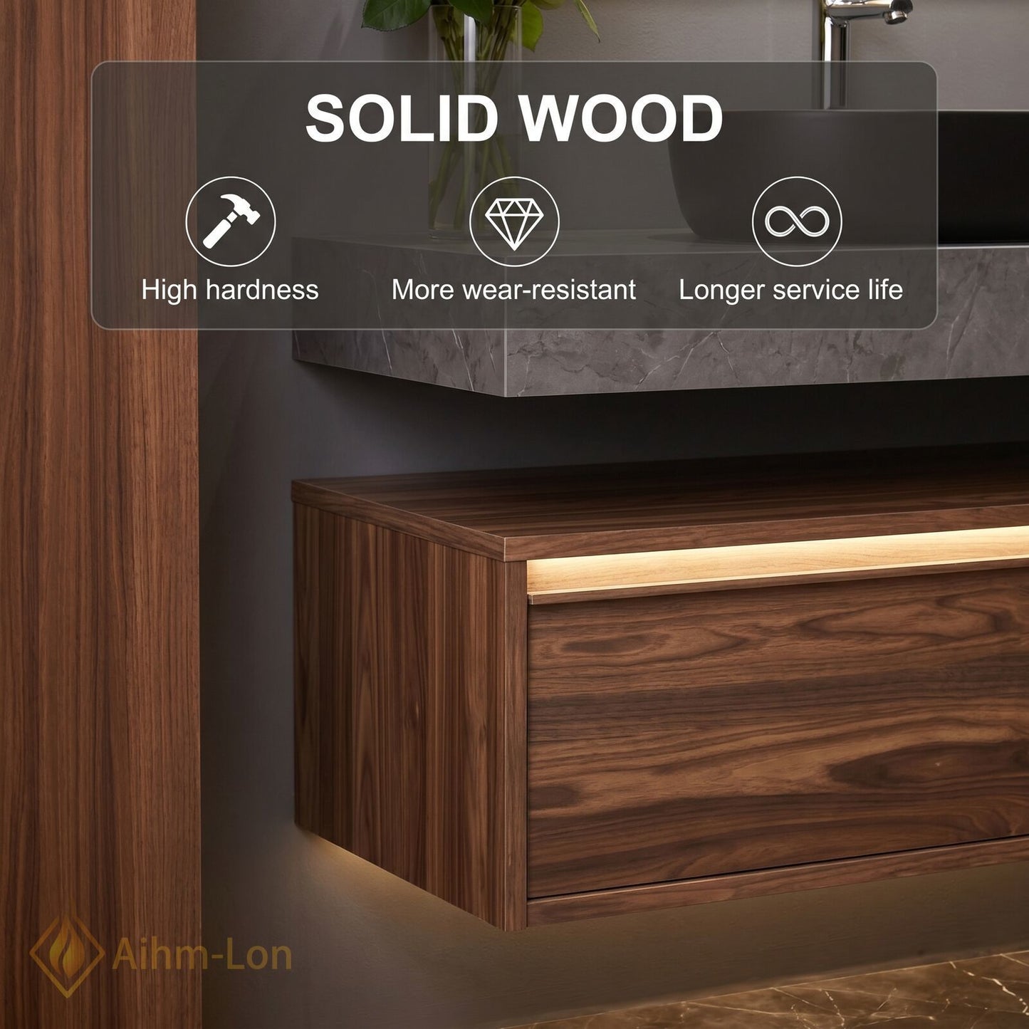 60''-96'' Double Bathroom Vanity with Sink Floating Cabinet Walnut Finish LED Mirror Spacious
