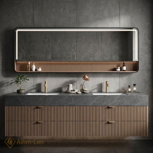60''-96'' Double Bathroom Vanity with Sink Fluted Panel Doors Dark Stone Storage