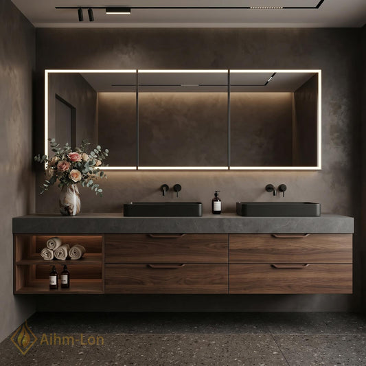 60''-96'' Double Bathroom Vanity with Sink Modern Floating Walnut Finish Slatted Panel