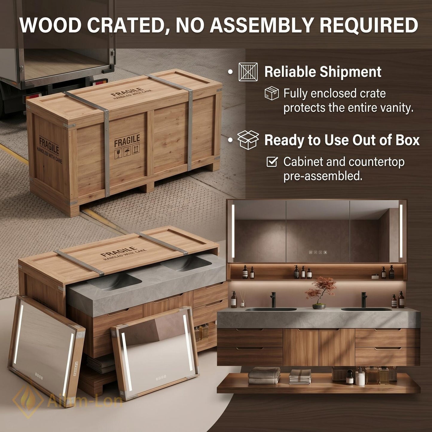 60''-96'' Modern Floating Bathroom Vanity with Sink Double Warm Wood Veneer Shelving