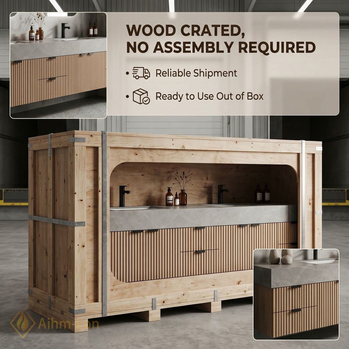 60''-96'' Double Bathroom Vanity with Sink Slatted Wood Front Stone Top Storage