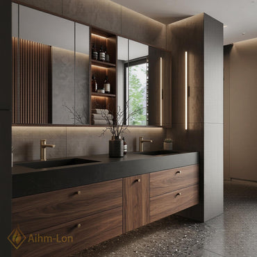 60''-96'' Double Bathroom Vanity with Sink Modern Floating Dark Walnut Open Shelving