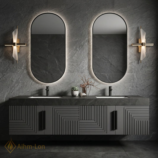 60''-96'' Double Bathroom Vanity with Sink Modern Geometric Panel Doors Dark Stone