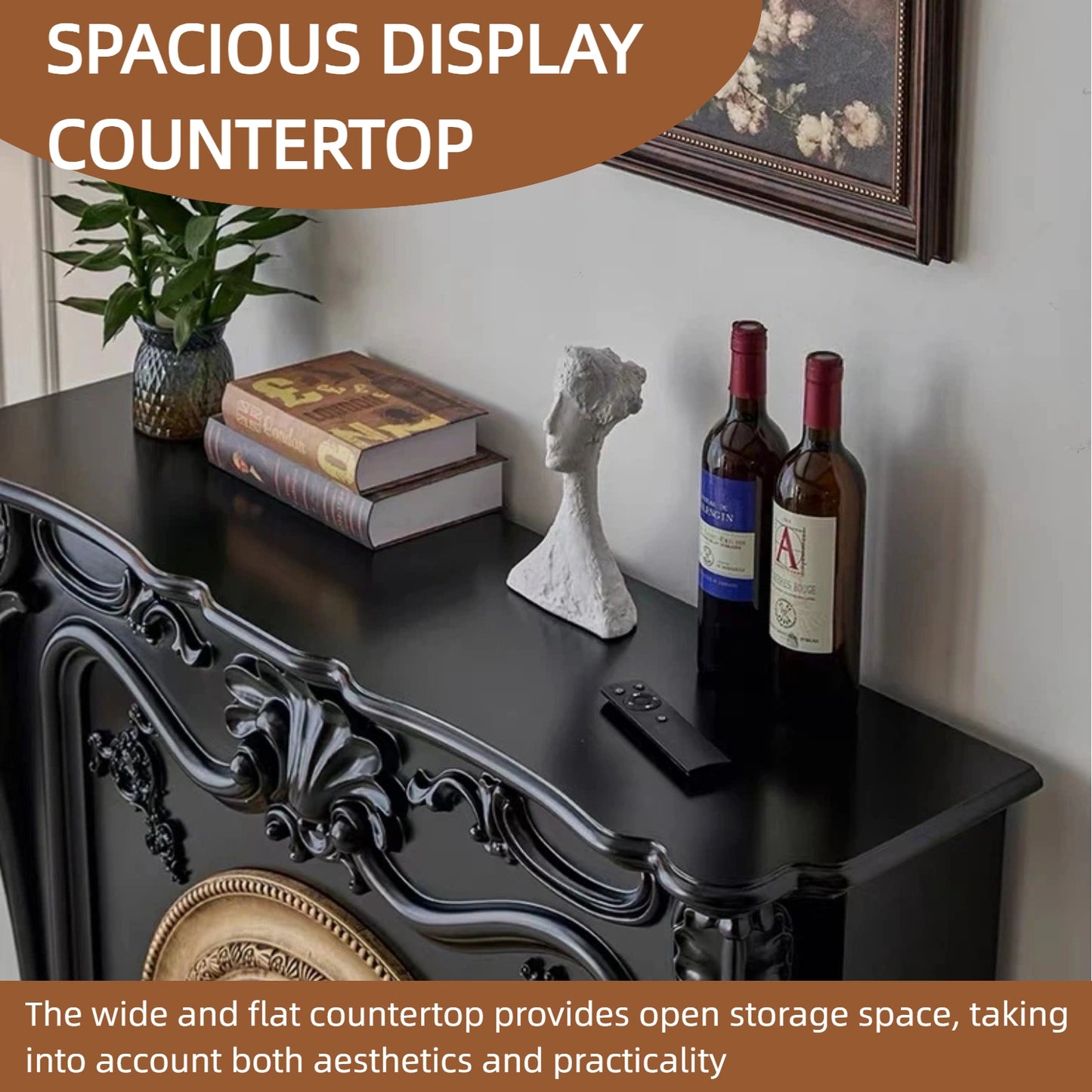 Aihm-Lon Black Electric Fireplace Solid Wood Cabinet with Faux Flame Insert 47” - 55”