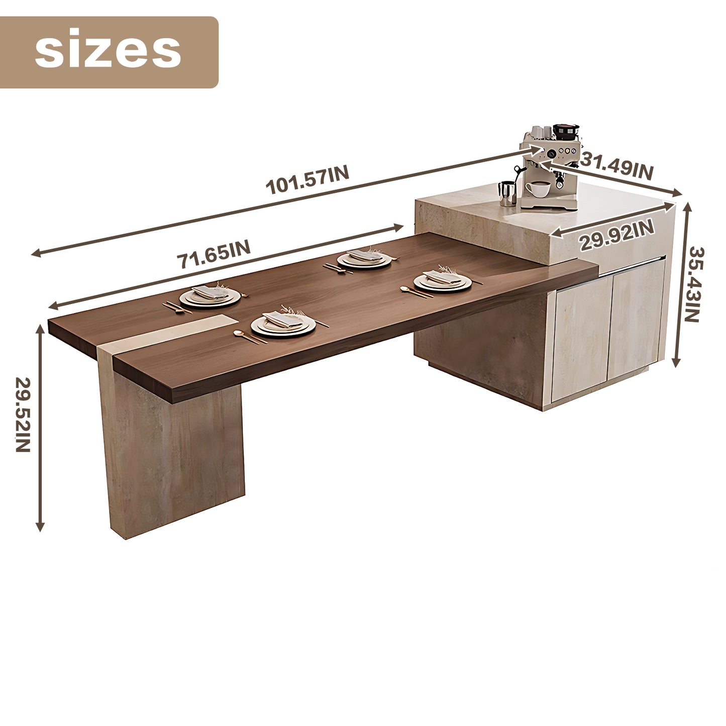 Aihm-Lon Minimalist Kitchen Island with Extendable Table 85.82"-101.57"