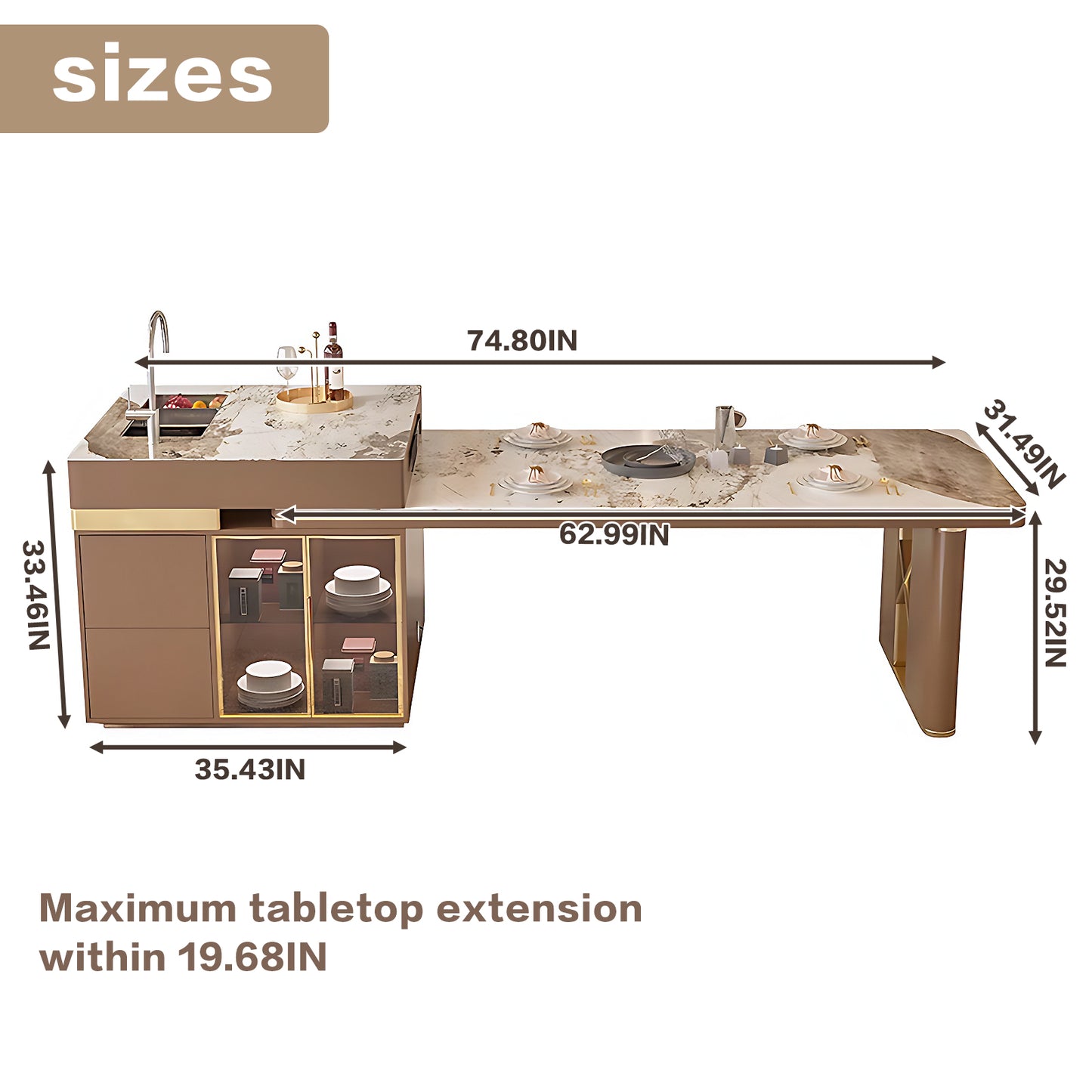 Aihm-Lon Kitchen Island with Extendable Table Side Storage Cabinet 66.92"-82.67"