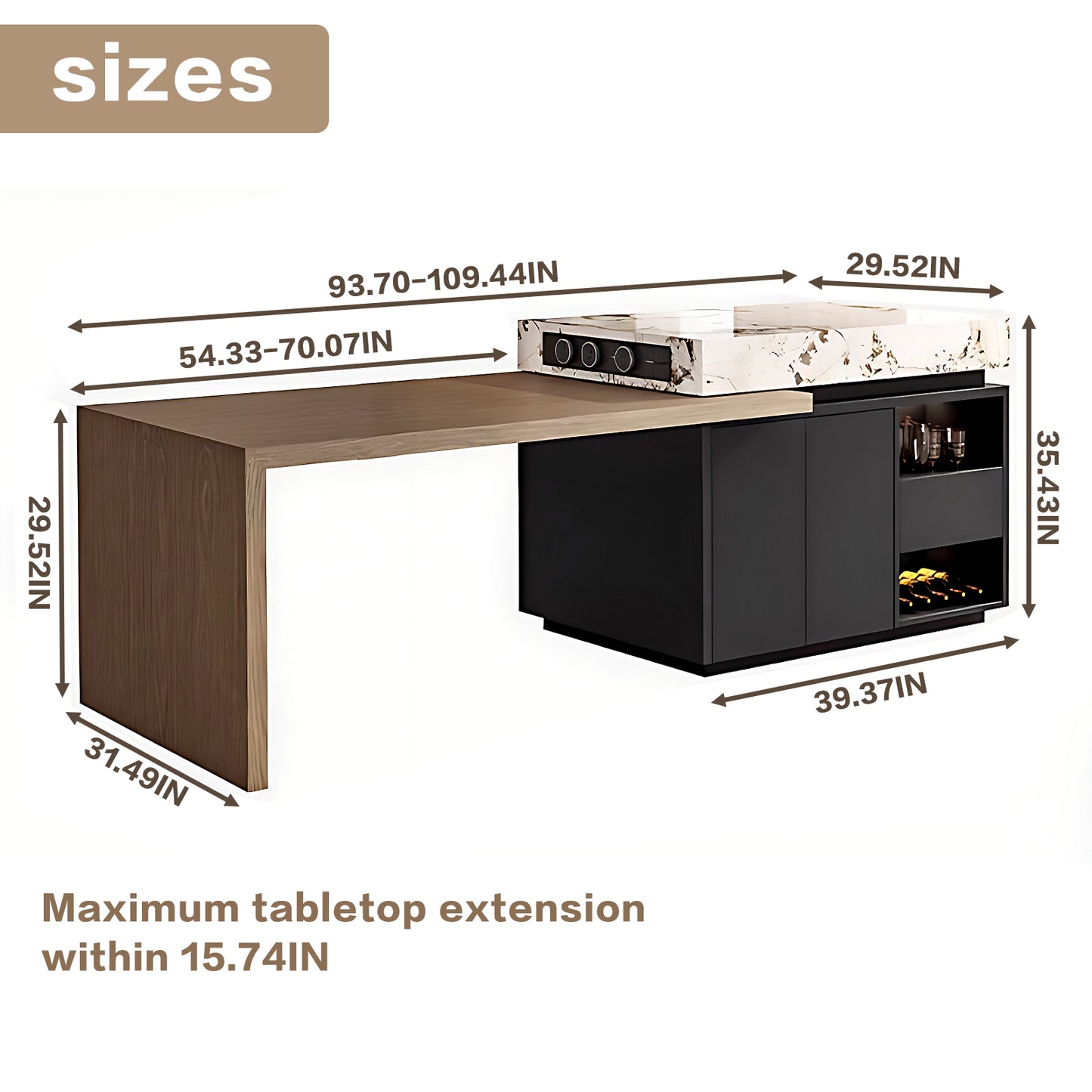 Aihm-Lon Kitchen Island with Extendable Table and Open Storage 85.82"-109.44"