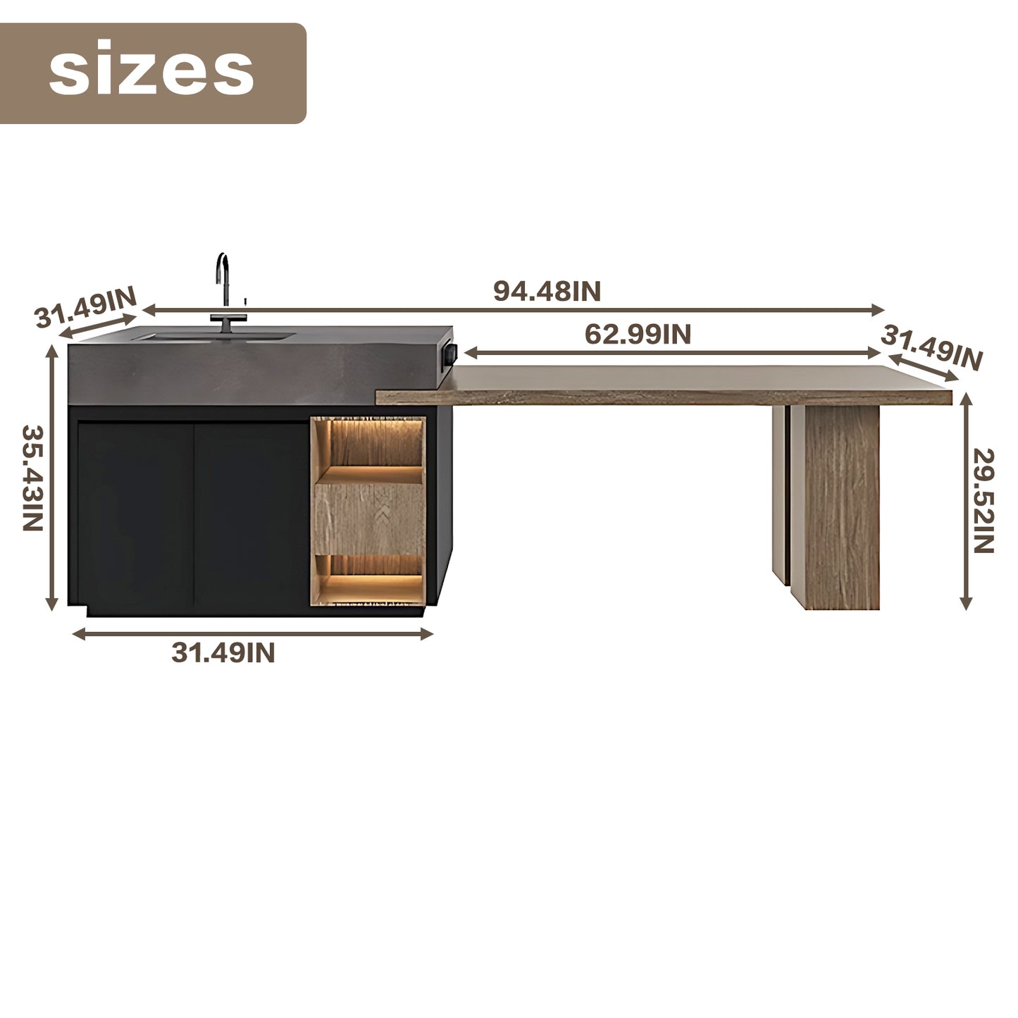 Aihm-Lon Kitchen Island with Extendable Table and Sink 78.74"-94.48"
