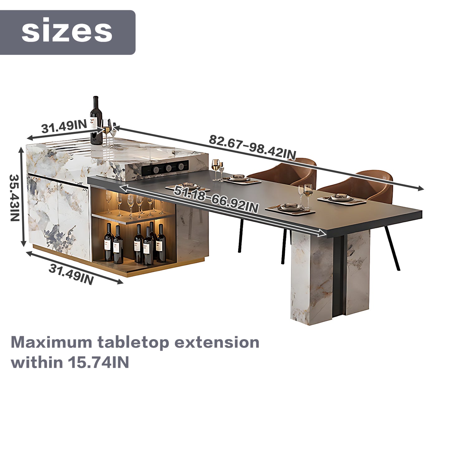 Aihm-Lon Kitchen Island with Extendable and Corner Open Storage 86.61"-98.42"