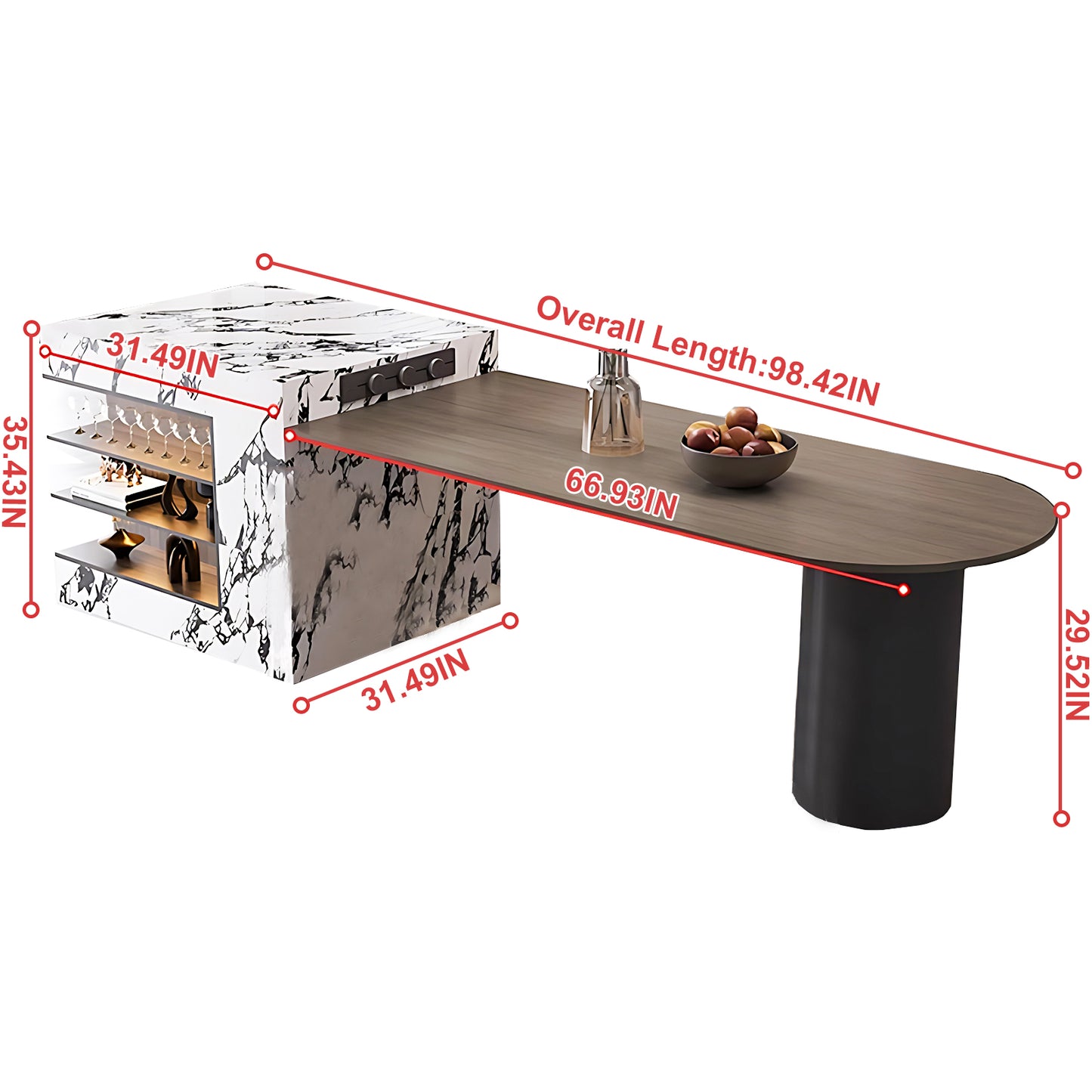Aihm-Lon Wooden Kitchen Island with Extendable Dining Table 86.61"-98.42"