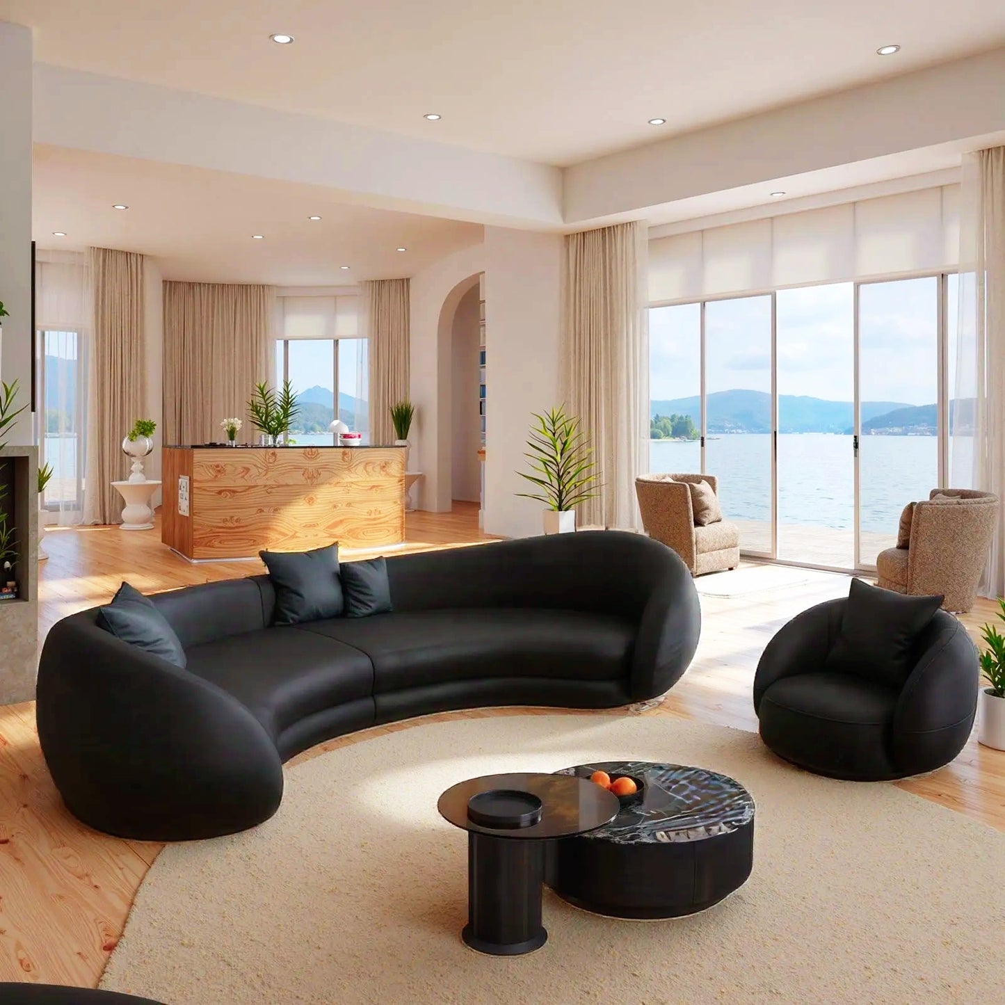 Aihm-Lon Commercial Grade Black Curved Sofa Set with Table and Chair 94"-157"