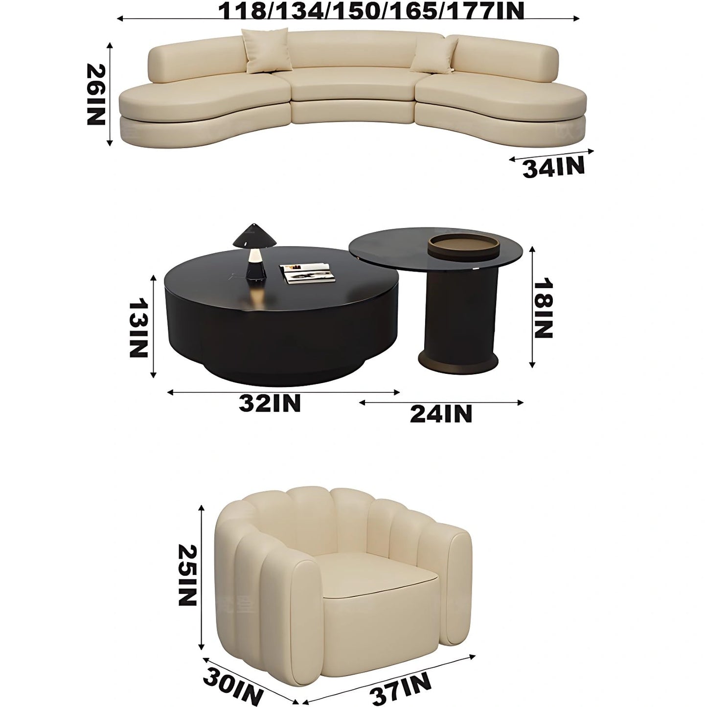 Aihm-Lon Commercial Grade 3 Seater Curved Sectional Sofa Set 118"-177"