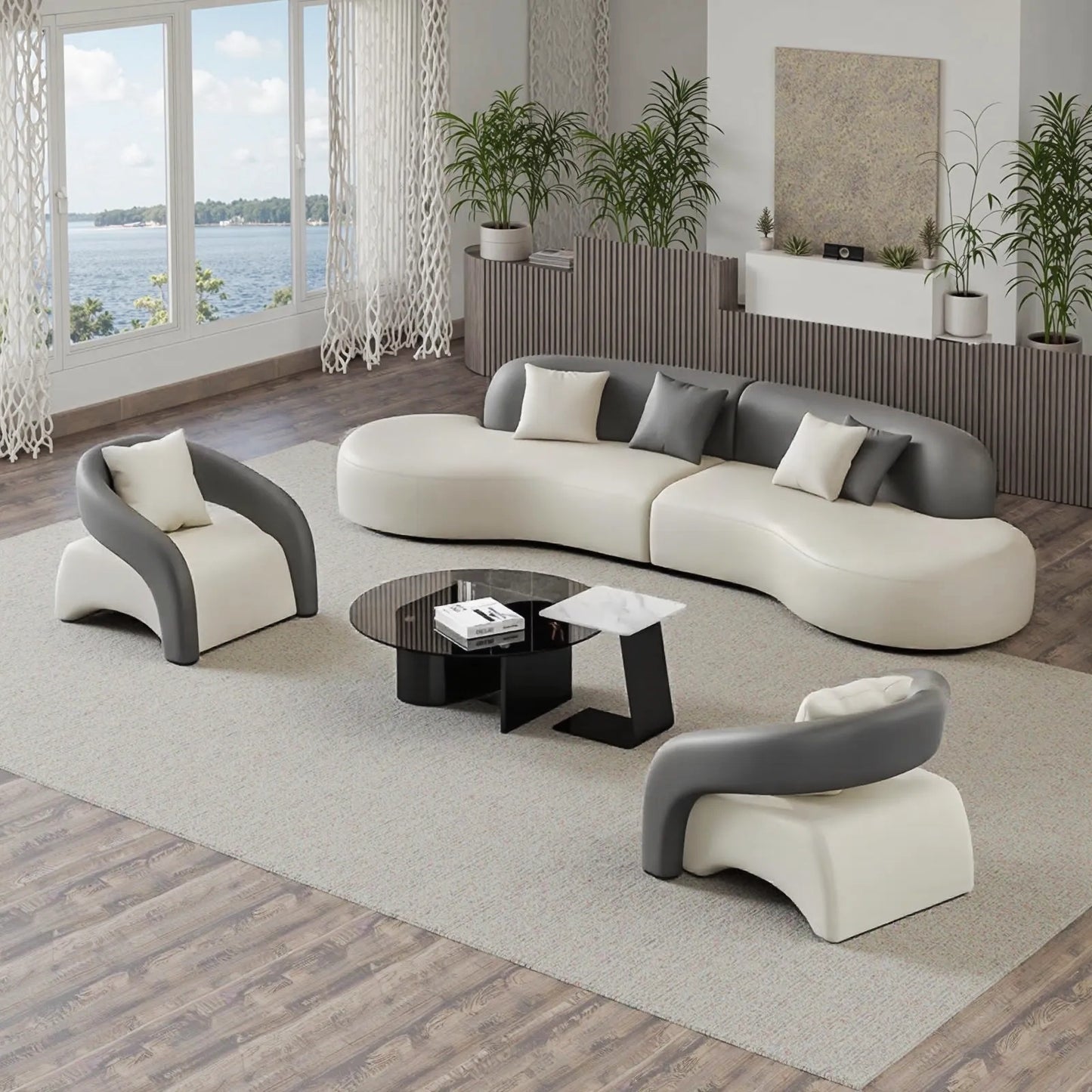 Aihm-Lon Commercial Grade Curved Grey Sofa Set with Table Chair 94"-158"