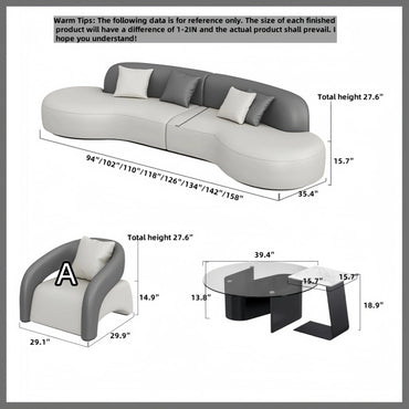 Aihm-Lon Commercial Grade Curved Grey Sofa Set with Table Chair 94"-158"