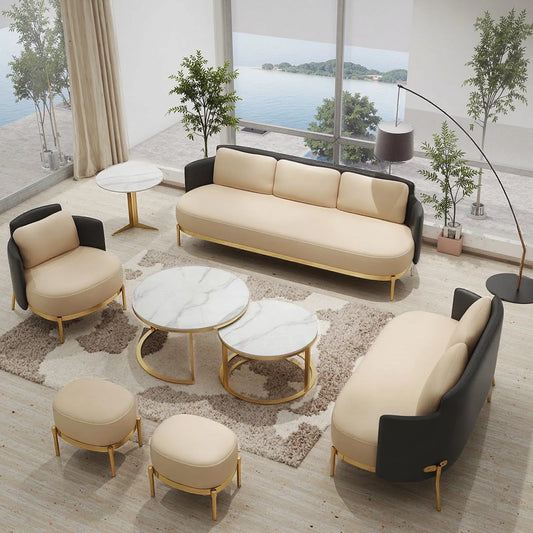 Aihm-Lon Commercial Grade Beige Minimalist Sofa Set with Stool and Coffee Table 71"