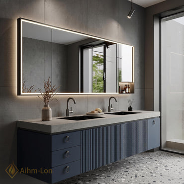 60''-96'' Double Bathroom Vanity with Sink Sleek Wall Mounted Ribbed Blue Finish