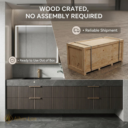 60''-96'' Bathroom Vanity with Sink Floating Double Grey Stone Top Slatted Front
