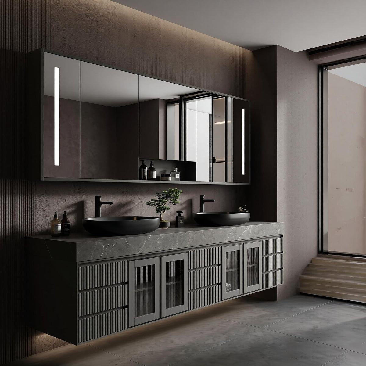 60''-96'' Double Bathroom Vanity with Sink Modern Floating Ribbed Panels Glass-Door Storage