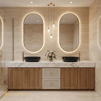 60''-96'' Double Bathroom Vanity with Sink Fluted Wooden Doors White Marble Top