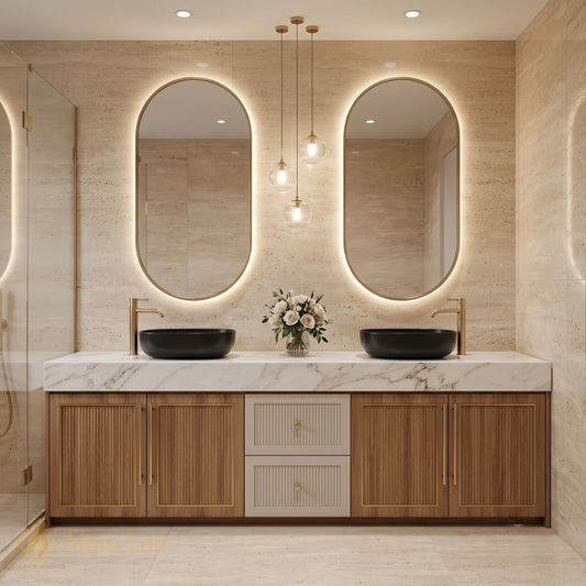 60''-96'' Double Bathroom Vanity with Sink Fluted Wooden Doors White Marble Top
