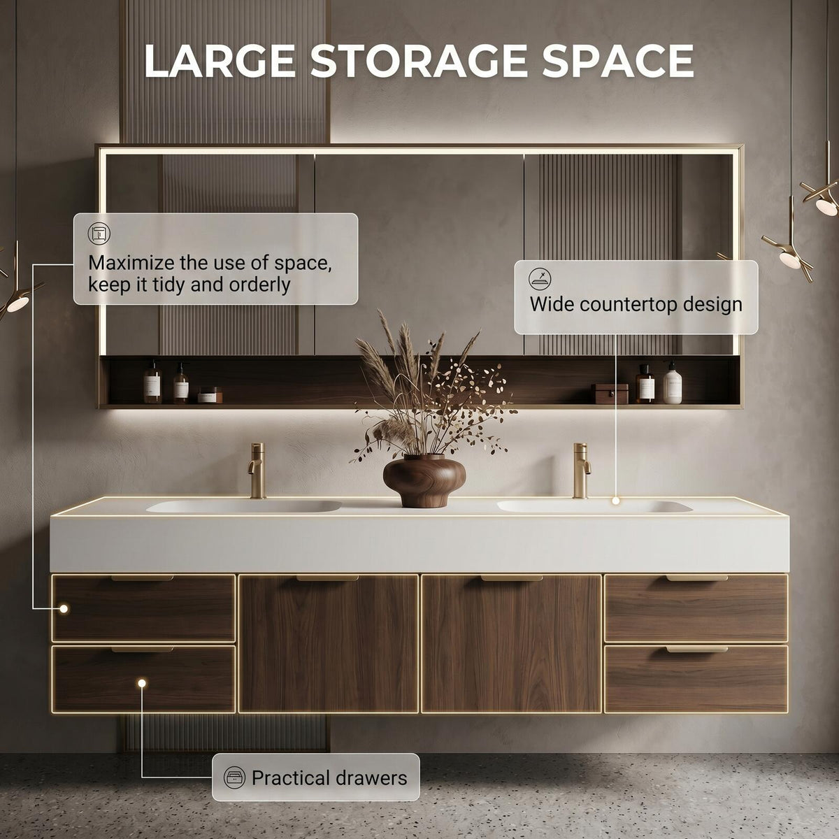 60''-96'' Double Bathroom Vanity with Sink Modern Floating Walnut Finish Fluted Mirror Panel