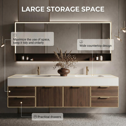 60''-96'' Double Bathroom Vanity with Sink Modern Floating Walnut Finish Fluted Mirror Panel