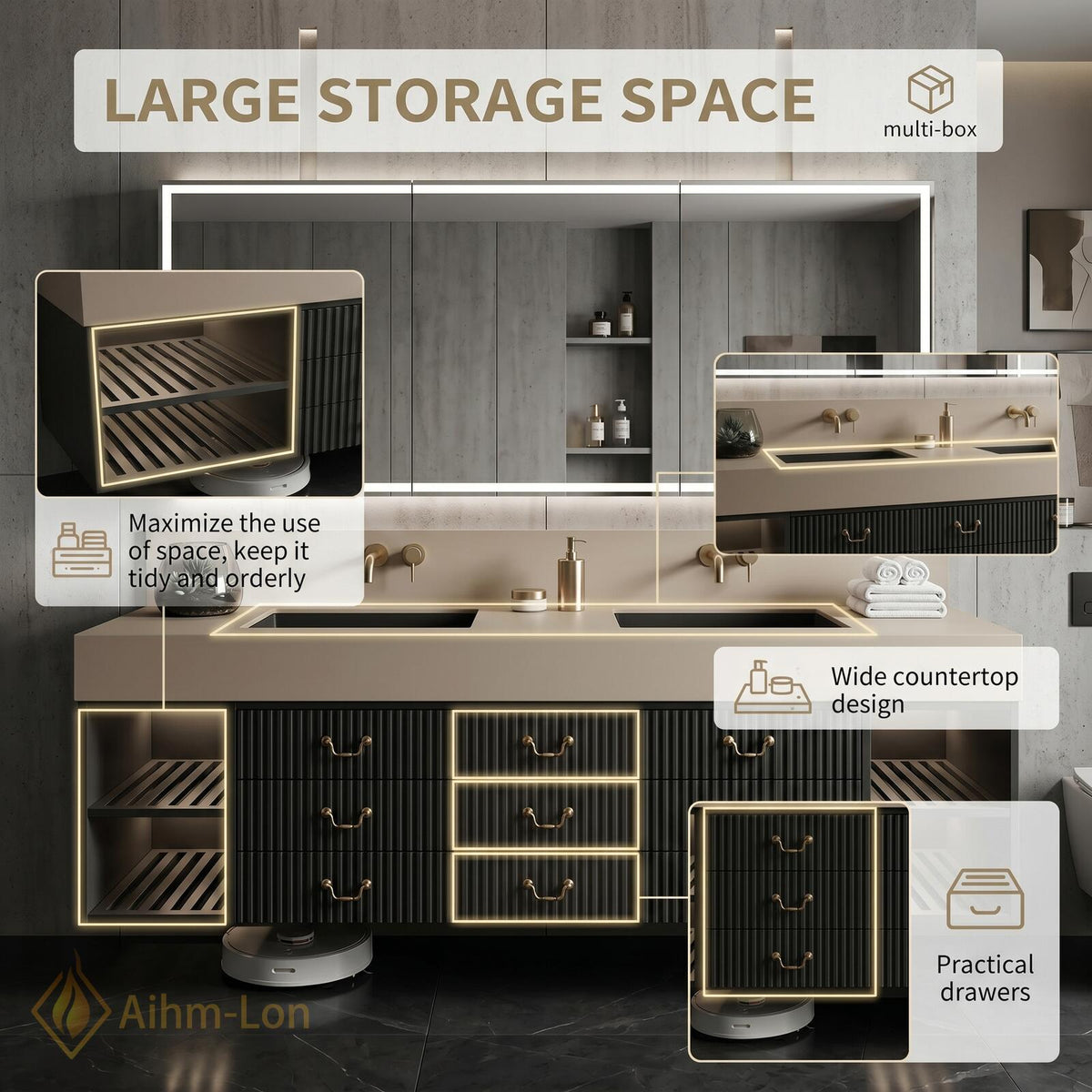 60''-96'' Double Bathroom Vanity with Sink Modern Fluted Drawer Fronts Warm Taupe Countertop