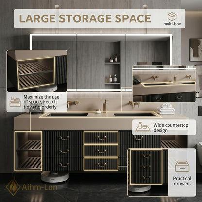 60''-96'' Double Bathroom Vanity with Sink Modern Fluted Drawer Fronts Warm Taupe Countertop